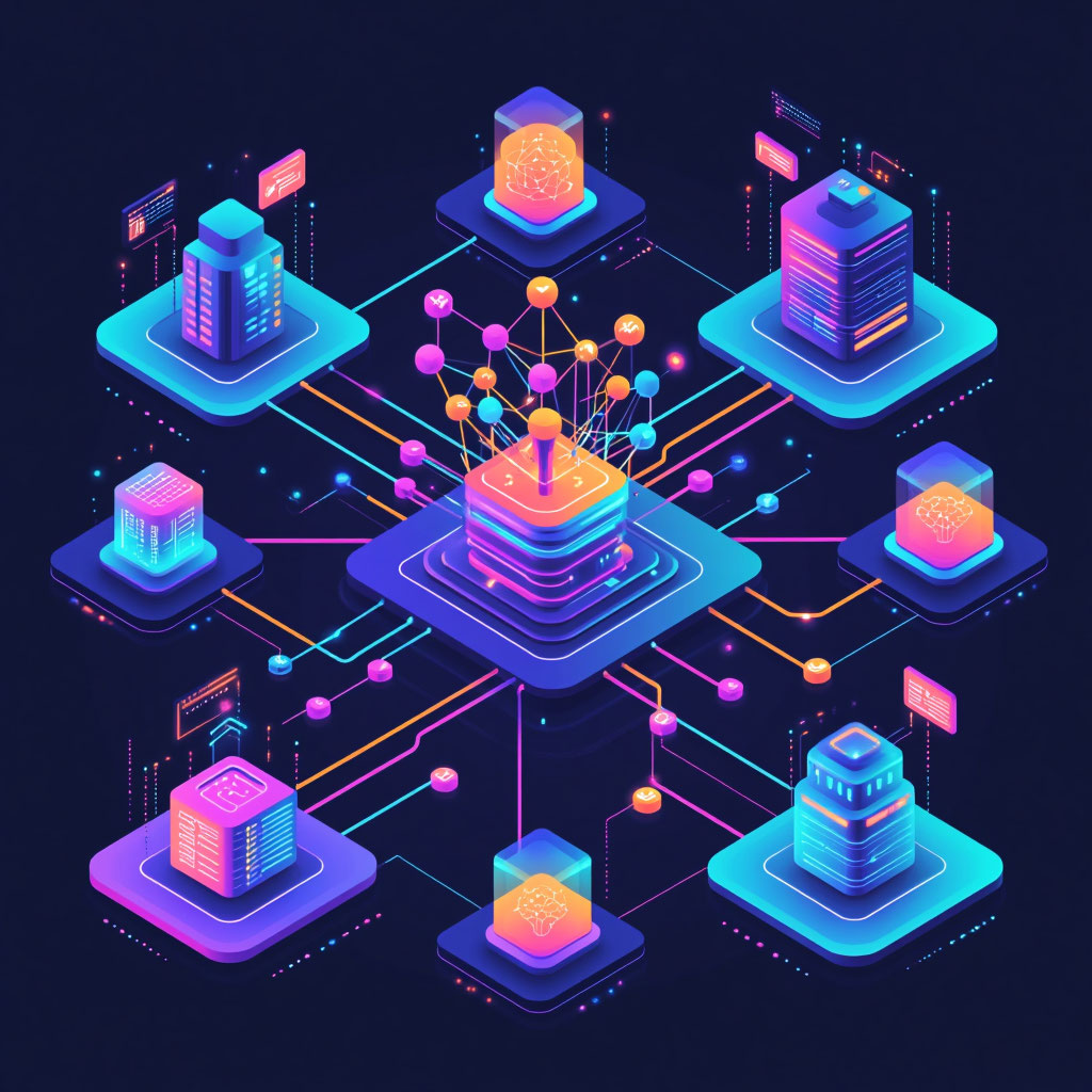 AI Mind Map: A comprehensive visual guide to neural network architectures, their applications, and future trends in artificial intelligence, showing connections between different AI models, colorful neural networks, futuristic technology visualization, clean modern infographic style, vibrant gradient colors, isometric perspective